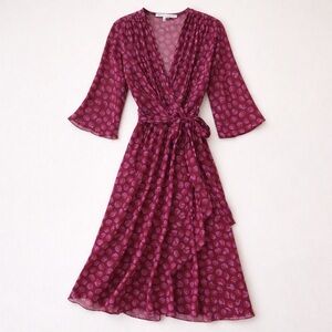 Diane von Furstenberg Silk Wrap Dress Size 2 Pink Burgundy Print Midi